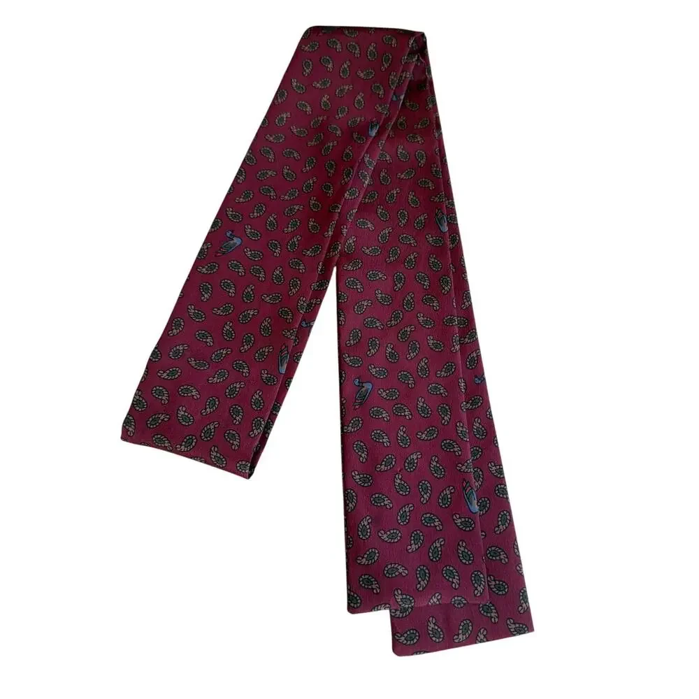 Vintage Silk Skinny Neck Scarf Tie Burgundy Paisley Duck Print